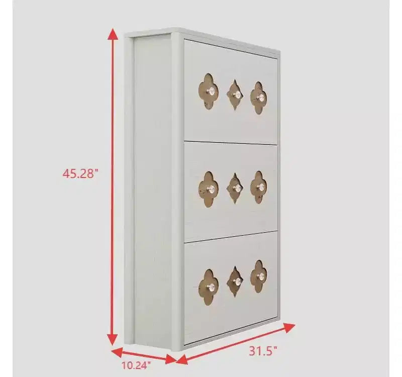 Meuble à chaussures mince autoportant avec 3 tiroirs basculants, meuble à chaussures en bois dissimulé avec motif floral évidé et poignées en forme de diamant, pour la maison