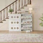 Meuble à chaussures mince autoportant avec 3 tiroirs basculants, meuble à chaussures en bois dissimulé avec motif floral évidé et poignées en forme de diamant, pour la maison