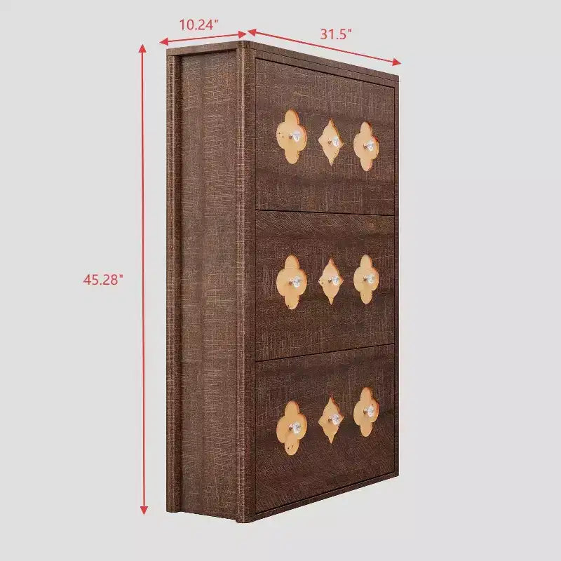 Meuble à chaussures mince autoportant avec 3 tiroirs basculants, meuble à chaussures en bois dissimulé avec motif floral évidé et poignées en forme de diamant, pour la maison
