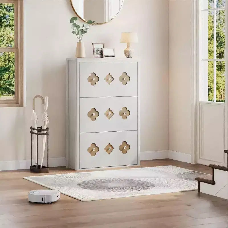 Meuble à chaussures mince autoportant avec 3 tiroirs basculants, meuble à chaussures en bois dissimulé avec motif floral évidé et poignées en forme de diamant, pour la maison