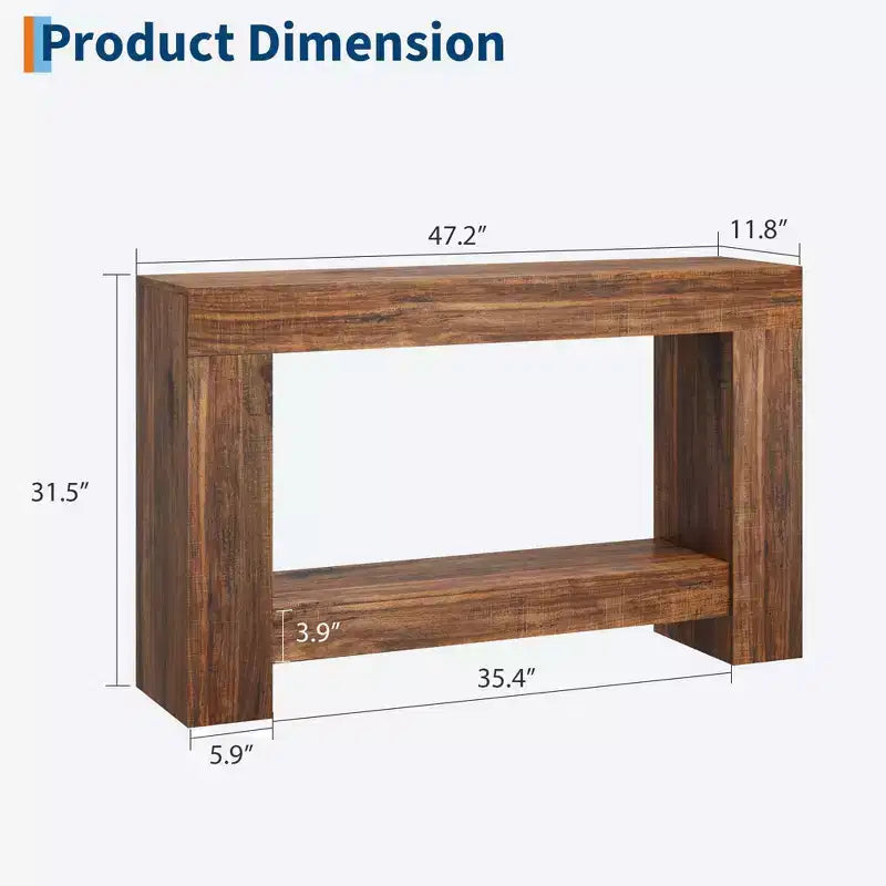Console rustique pour entrée, table de canapé en bois à 2 niveaux avec étagère de rangement, longue table de couloir rectangulaire derrière le canapé