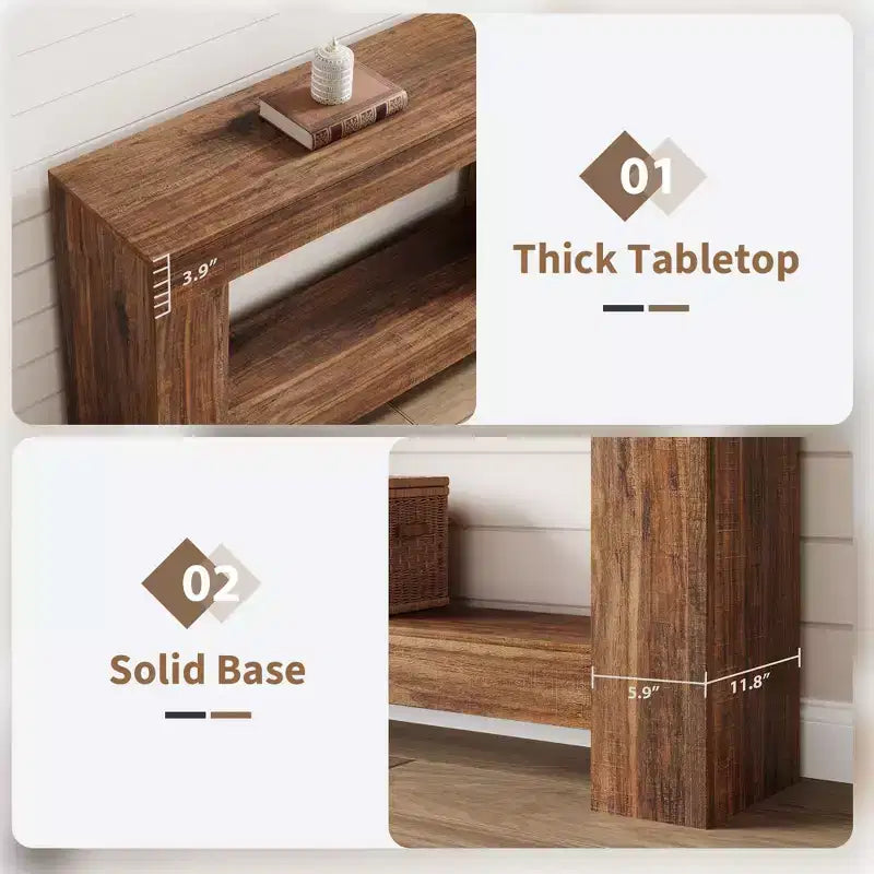 Console rustique pour entrée, table de canapé en bois à 2 niveaux avec étagère de rangement, longue table de couloir rectangulaire derrière le canapé