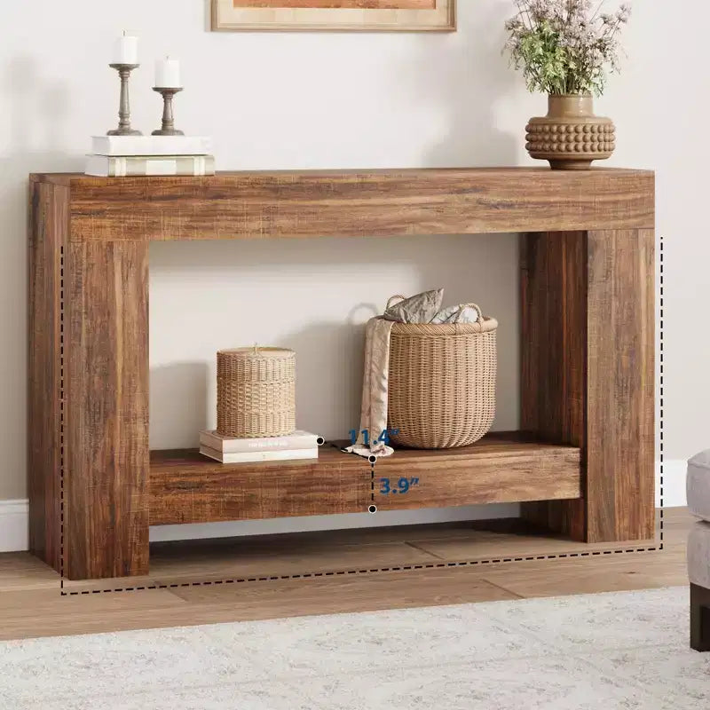 Console rustique pour entrée, table de canapé en bois à 2 niveaux avec étagère de rangement, longue table de couloir rectangulaire derrière le canapé
