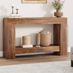 Console rustique pour entrée, table de canapé en bois à 2 niveaux avec étagère de rangement, longue table de couloir rectangulaire derrière le canapé