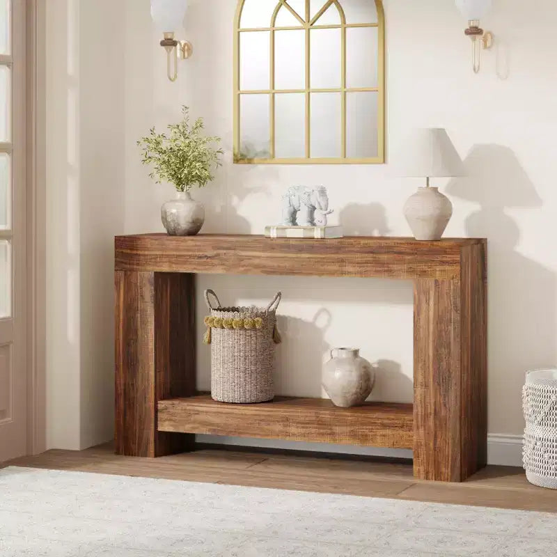 Console rustique pour entrée, table de canapé en bois à 2 niveaux avec étagère de rangement, longue table de couloir rectangulaire derrière le canapé