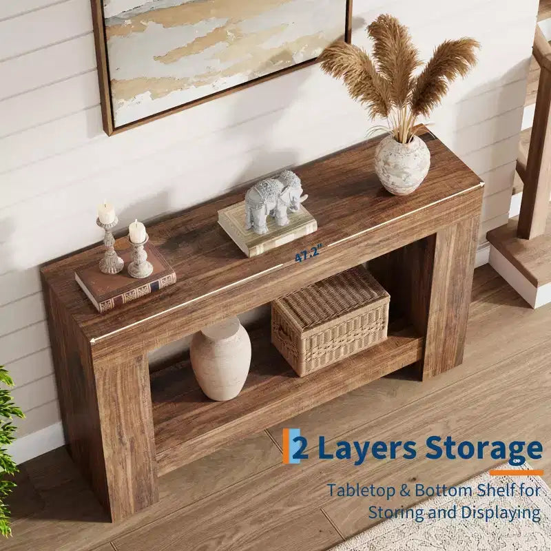 Console rustique pour entrée, table de canapé en bois à 2 niveaux avec étagère de rangement, longue table de couloir rectangulaire derrière le canapé