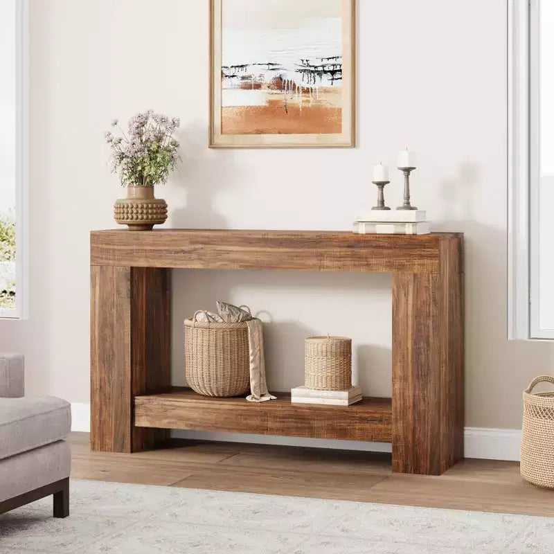 Console rustique pour entrée, table de canapé en bois à 2 niveaux avec étagère de rangement, longue table de couloir rectangulaire derrière le canapé