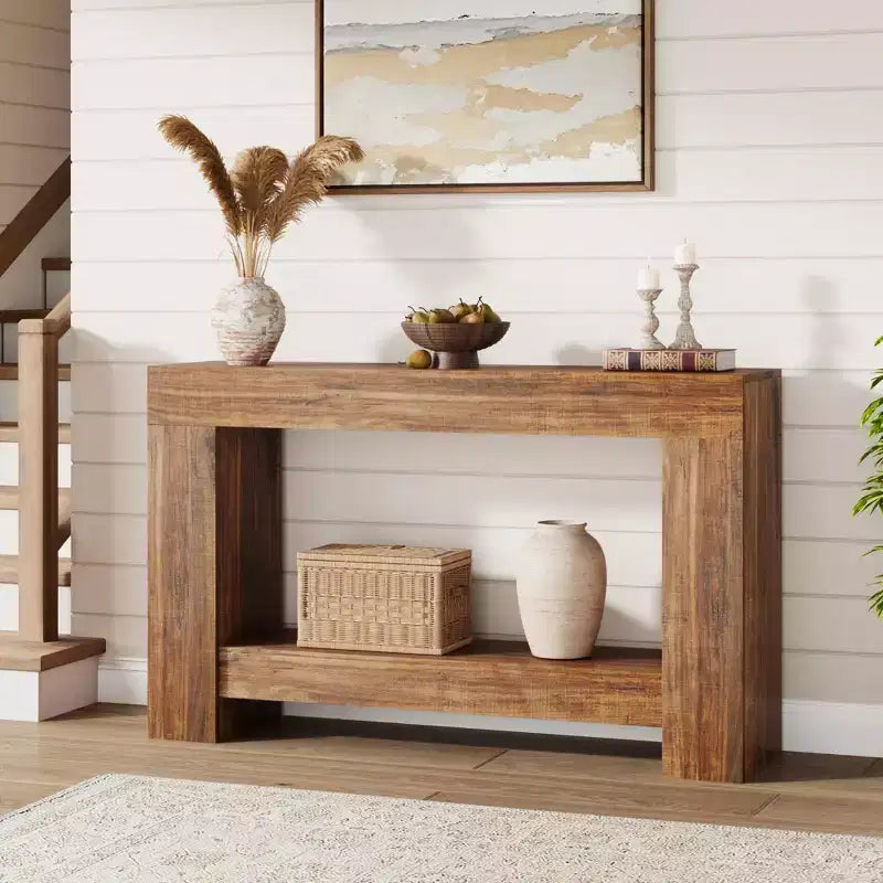 Console rustique pour entrée, table de canapé en bois à 2 niveaux avec étagère de rangement, longue table de couloir rectangulaire derrière le canapé