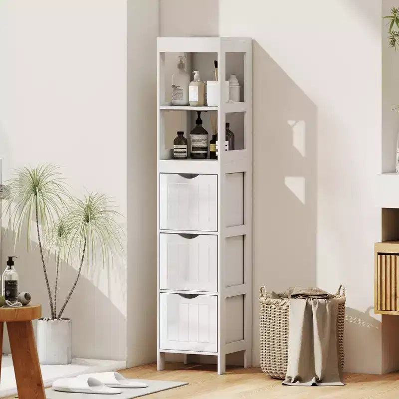 Meuble de rangement de salle de bain fin avec 3 tiroirs - Meuble bas étroit pour petits espaces, blanc