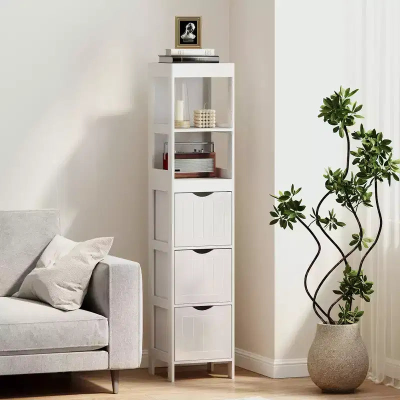 Meuble de rangement de salle de bain fin avec 3 tiroirs - Meuble bas étroit pour petits espaces, blanc