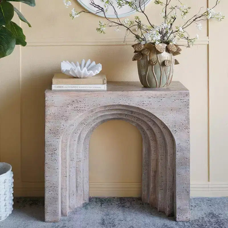 GDFStudio Jungkook Modern Lightweight Concrete Arched Sculptural Console Table with Faux Travertine Finish