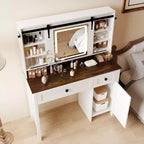 Coiffeuse avec miroir LED, Table de maquillage avec station de recharge, Tiroirs et tabouret de rangement, Coiffeuse moderne blanche pour chambre à coucher
