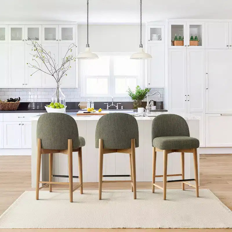Lot de 3 tabourets de comptoir en lin avec dossier, pieds en bois massif, hauteur d'assise 63,5 cm, pour îlot de cuisine, bar - Panipeachy