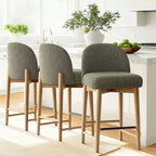 Lot de 3 tabourets de comptoir en lin avec dossier, pieds en bois massif, hauteur d'assise 63,5 cm, pour îlot de cuisine, bar - Panipeachy
