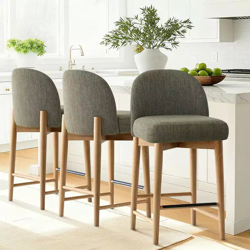 Lot de 3 tabourets de comptoir en lin avec dossier, pieds en bois massif, hauteur d'assise 63,5 cm, pour îlot de cuisine, bar - Panipeachy
