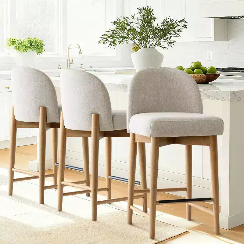 Lot de 3 tabourets de comptoir en lin avec dossier, pieds en bois massif, hauteur d'assise 63,5 cm, pour îlot de cuisine, bar - Panipeachy