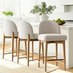 Lot de 3 tabourets de comptoir en lin avec dossier, pieds en bois massif, hauteur d'assise 63,5 cm, pour îlot de cuisine, bar - Panipeachy