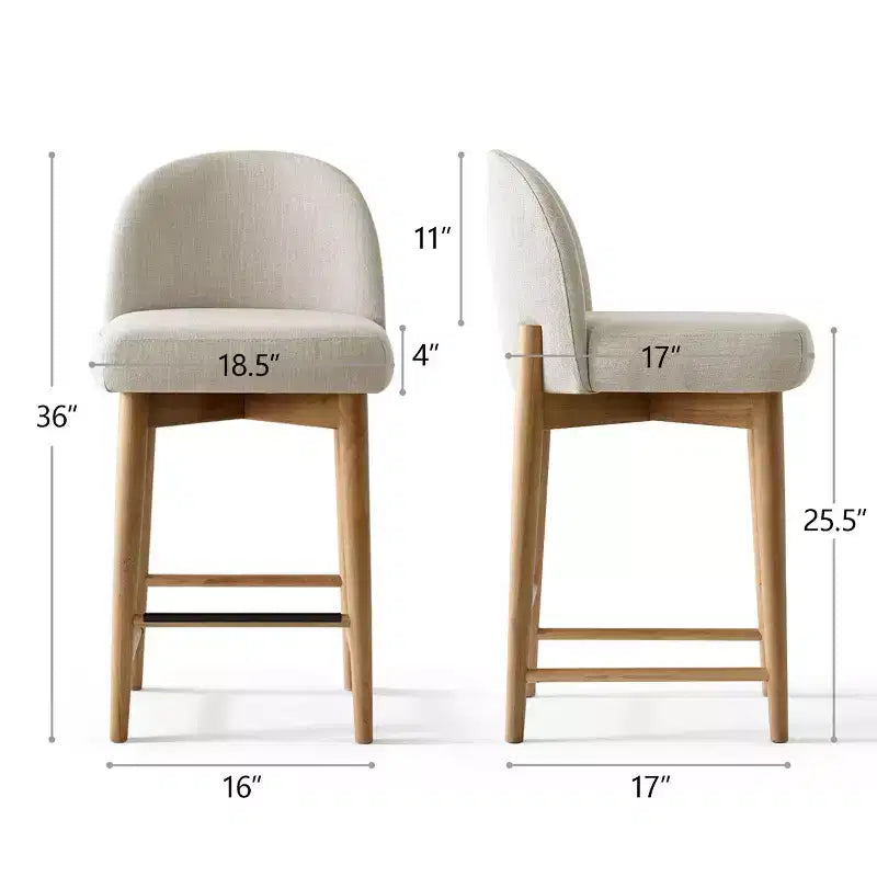 Lot de 3 tabourets de comptoir en lin avec dossier, pieds en bois massif, hauteur d'assise 63,5 cm, pour îlot de cuisine, bar - Panipeachy