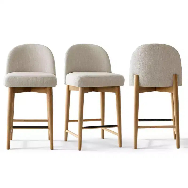 Lot de 3 tabourets de comptoir en lin avec dossier, pieds en bois massif, hauteur d'assise 63,5 cm, pour îlot de cuisine, bar - Panipeachy