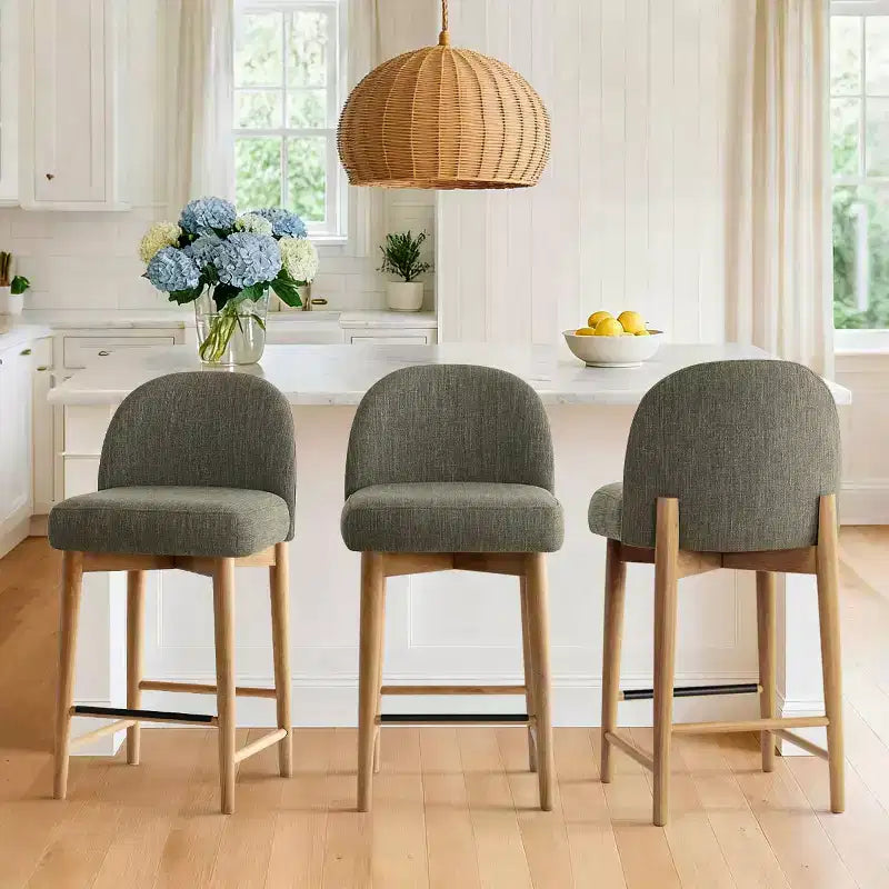 Lot de 3 tabourets de comptoir en lin avec dossier, pieds en bois massif, hauteur d'assise 63,5 cm, pour îlot de cuisine, bar - Panipeachy