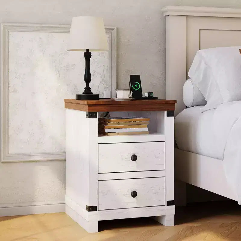 Table de chevet de ferme moderne blanche, 2 tiroirs, avec station de recharge USB et étagère ouverte pour chambre à coucher/salon