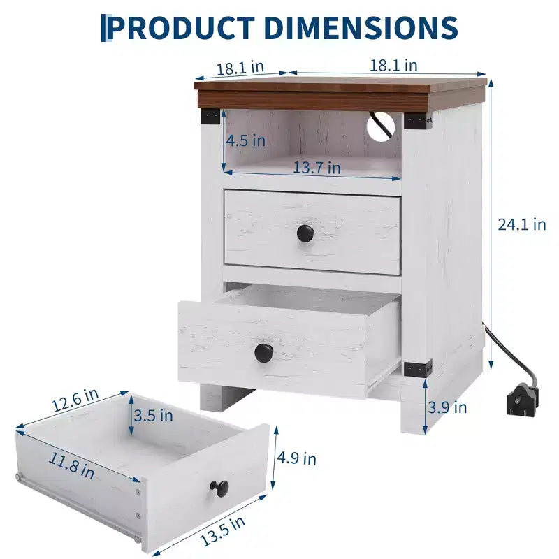 Table de chevet de ferme moderne blanche, 2 tiroirs, avec station de recharge USB et étagère ouverte pour chambre à coucher/salon