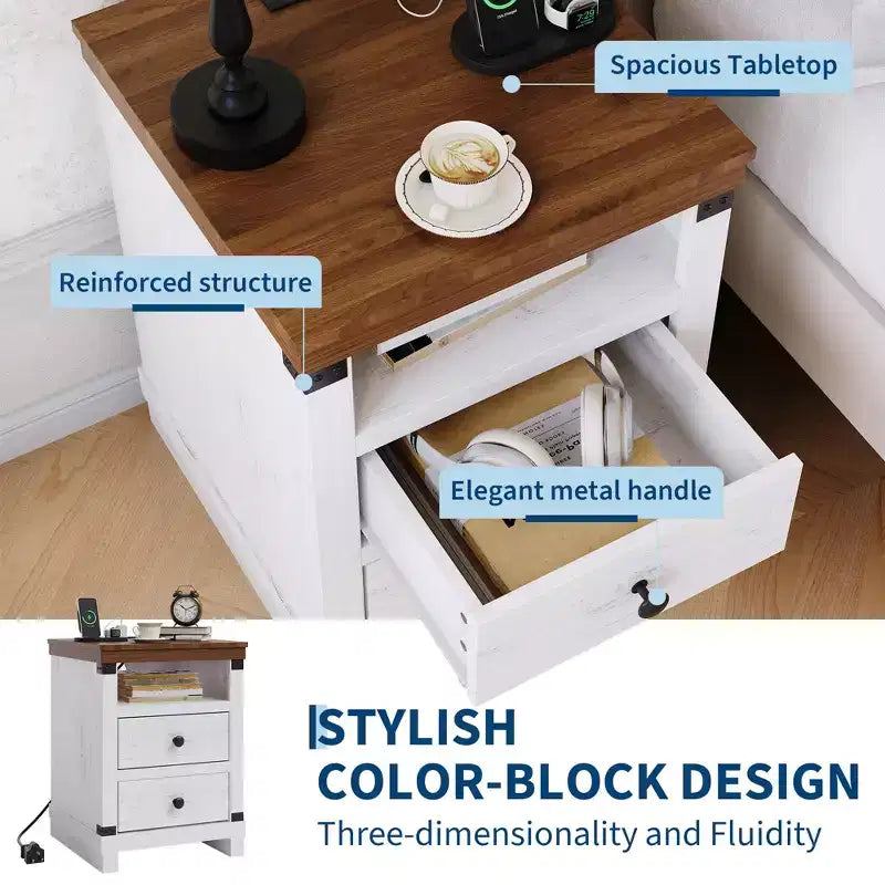Table de chevet de ferme moderne blanche, 2 tiroirs, avec station de recharge USB et étagère ouverte pour chambre à coucher/salon