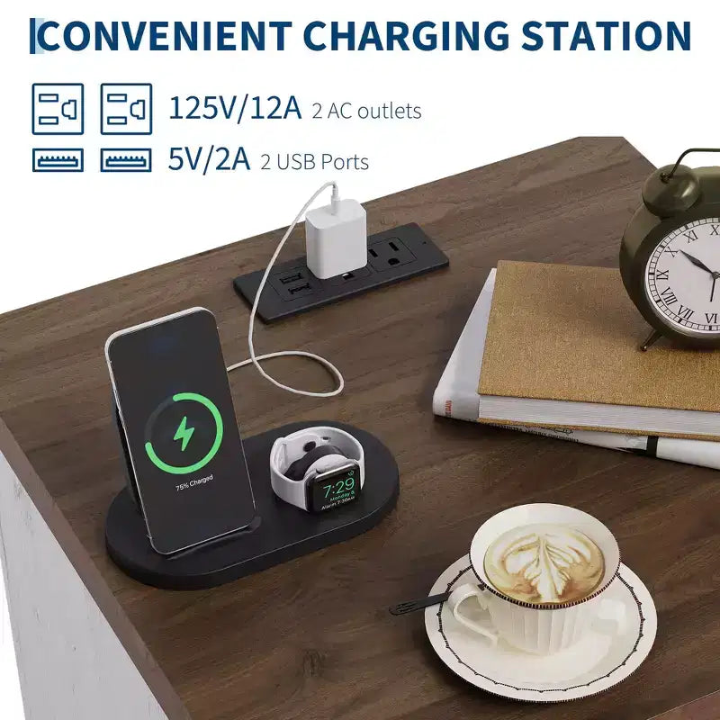 Table de chevet de ferme moderne blanche, 2 tiroirs, avec station de recharge USB et étagère ouverte pour chambre à coucher/salon