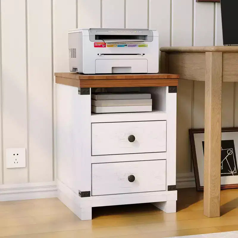 Table de chevet de ferme moderne blanche, 2 tiroirs, avec station de recharge USB et étagère ouverte pour chambre à coucher/salon