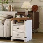 Table de chevet de ferme moderne blanche, 2 tiroirs, avec station de recharge USB et étagère ouverte pour chambre à coucher/salon