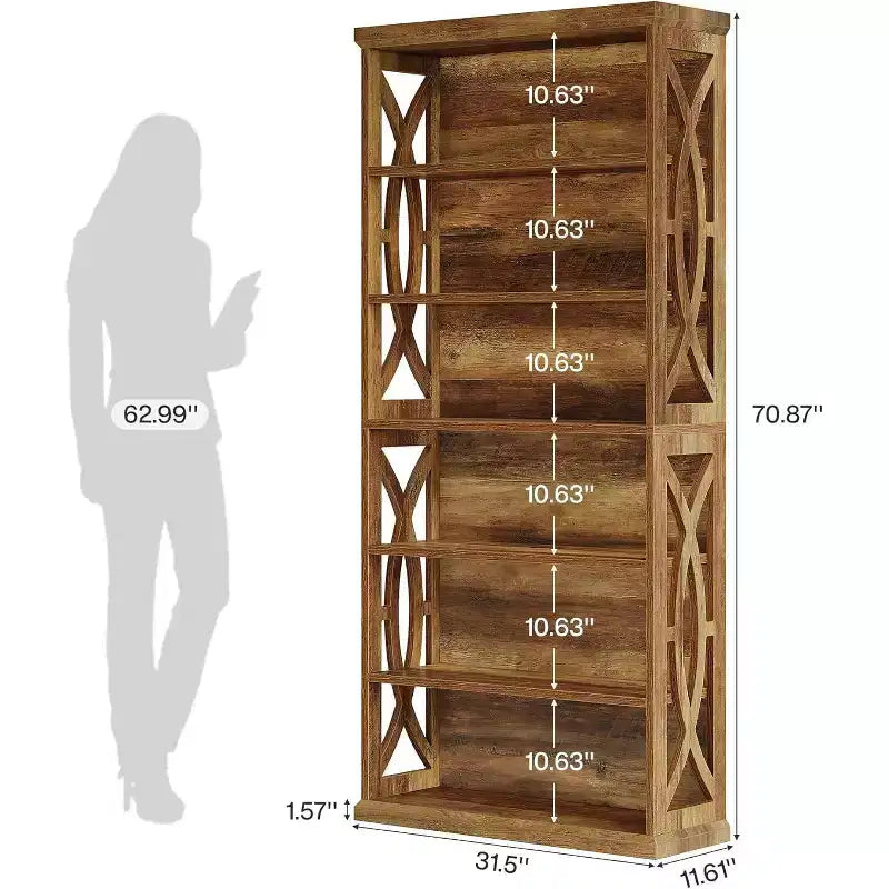 Bibliothèque Lantine de 71 pouces à 6 niveaux, étagère industrielle haute en bois pour bureau à domicile, salon, chambre, marron rustique