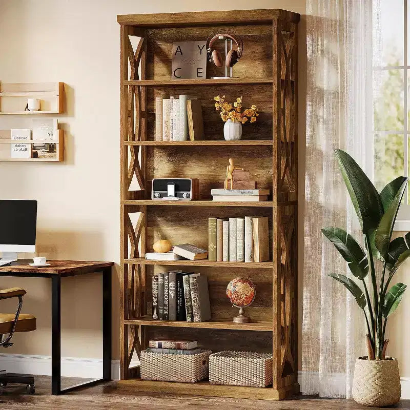 Bibliothèque Lantine de 71 pouces à 6 niveaux, étagère industrielle haute en bois pour bureau à domicile, salon, chambre, marron rustique