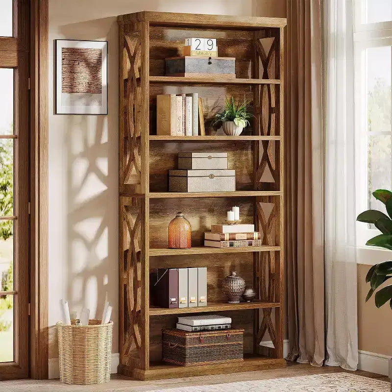 Bibliothèque Lantine de 71 pouces à 6 niveaux, étagère industrielle haute en bois pour bureau à domicile, salon, chambre, marron rustique
