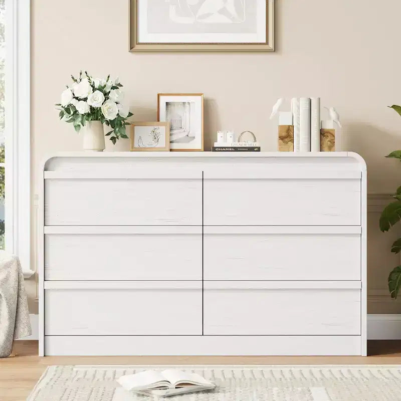 Commode en bois 6 tiroirs au design incurvé style Mid-Century Modern 47 po – Rangement de chambre à coucher en bois naturel
