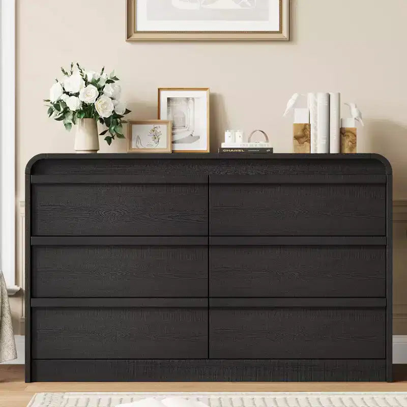 Commode en bois 6 tiroirs au design incurvé style Mid-Century Modern 47 po – Rangement de chambre à coucher en bois naturel