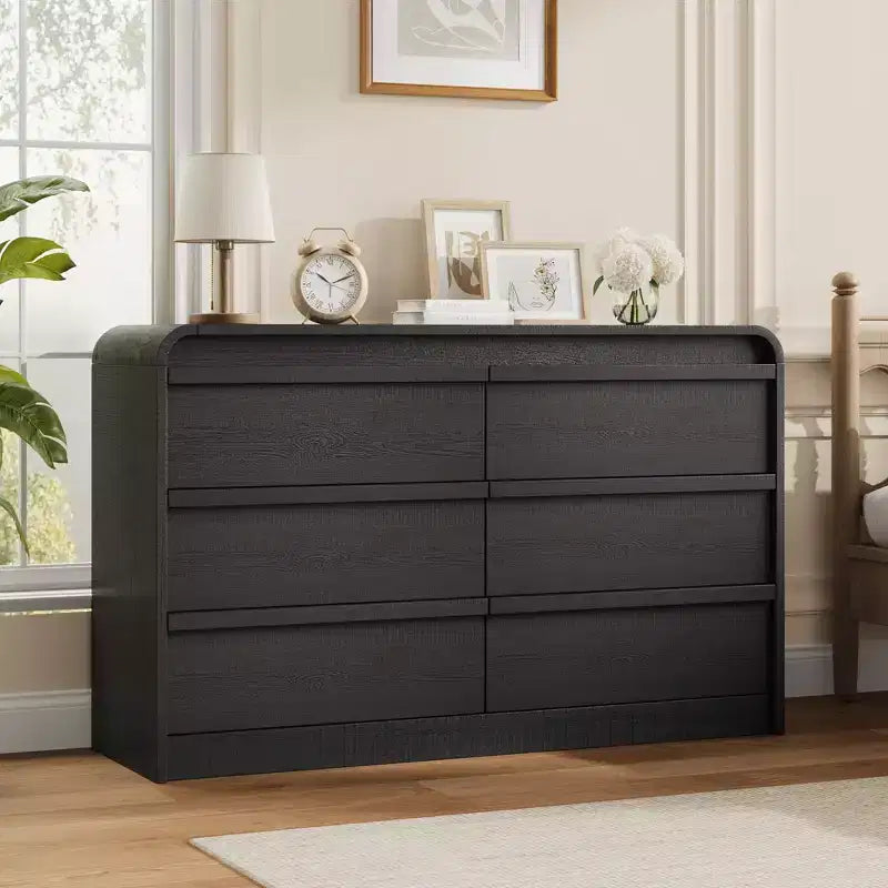 Commode en bois 6 tiroirs au design incurvé style Mid-Century Modern 47 po – Rangement de chambre à coucher en bois naturel