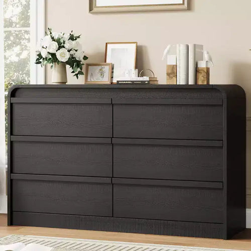 47 Mid Century Modern 6-Drawer Wooden Dresser with Curved Design - Bedroom Storage in Natural Wood Finish