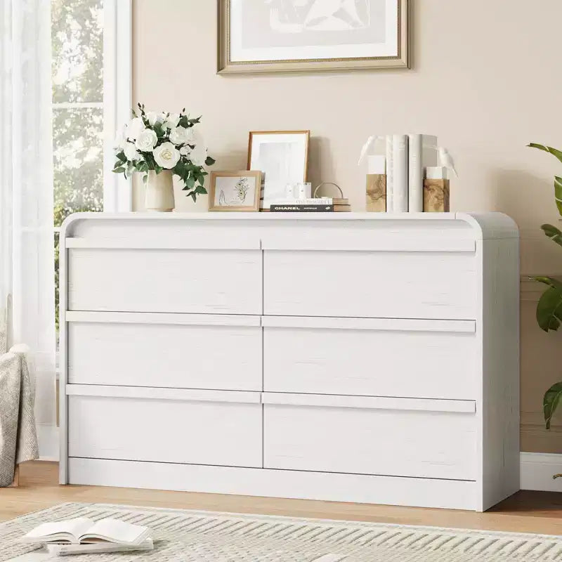 Commode en bois 6 tiroirs au design incurvé style Mid-Century Modern 47 po – Rangement de chambre à coucher en bois naturel