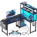 BALHAM TRADE-Gaming Desk with Power Outlets LED Lights 43 Inch Reversible with Shelves Storage Bag