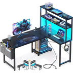 BALHAM TRADE-Gaming Desk with Power Outlets LED Lights 43 Inch Reversible with Shelves Storage Bag