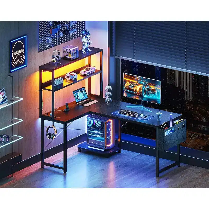 BALHAM TRADE-Bureau de jeu avec prises de courant, lumières LED, 109 cm, réversible, avec étagères et sac de rangement
