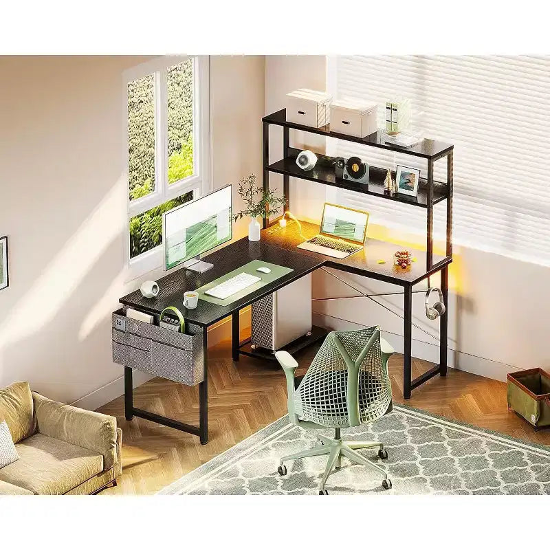 BALHAM TRADE-Bureau de jeu avec prises de courant, lumières LED, 109 cm, réversible, avec étagères et sac de rangement