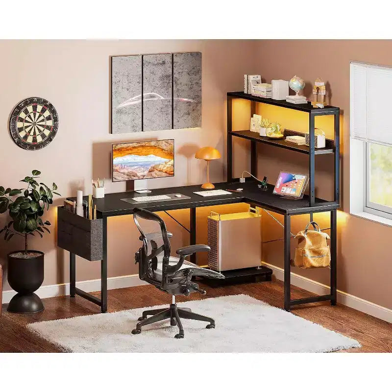 BALHAM TRADE-Bureau de jeu avec prises de courant, lumières LED, 109 cm, réversible, avec étagères et sac de rangement