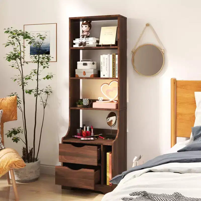 Table de chevet JVNOXK de 45,7 cm avec étagère à livres, dotée de deux tiroirs de rangement. Meuble de rangement vertical avec structure en bois, finition noyer