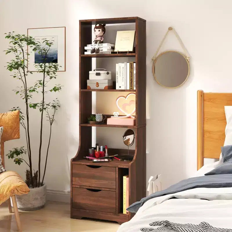 Table de chevet JVNOXK de 45,7 cm avec étagère à livres, dotée de deux tiroirs de rangement. Meuble de rangement vertical avec structure en bois, finition noyer