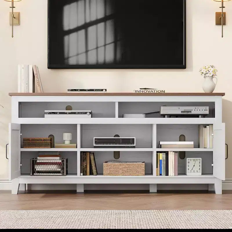 Meuble TV de ferme pour téléviseurs de 63 pouces, meuble de divertissement avec armoires de rangement et étagères, portes d'armoire pour salon ou chambre à coucher