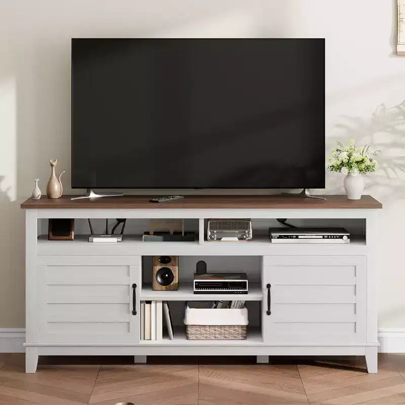 Meuble TV de ferme pour téléviseurs de 63 pouces, meuble de divertissement avec armoires de rangement et étagères, portes d'armoire pour salon ou chambre à coucher