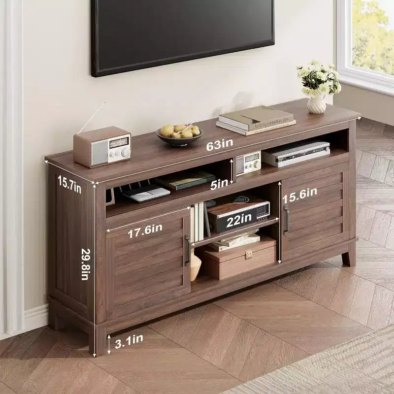 Meuble TV de ferme pour téléviseurs de 63 pouces, meuble de divertissement avec armoires de rangement et étagères, portes d'armoire pour salon ou chambre à coucher