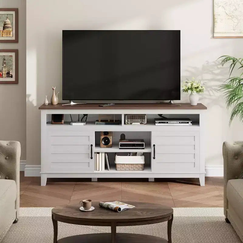 Meuble TV de ferme pour téléviseurs de 63 pouces, meuble de divertissement avec armoires de rangement et étagères, portes d'armoire pour salon ou chambre à coucher