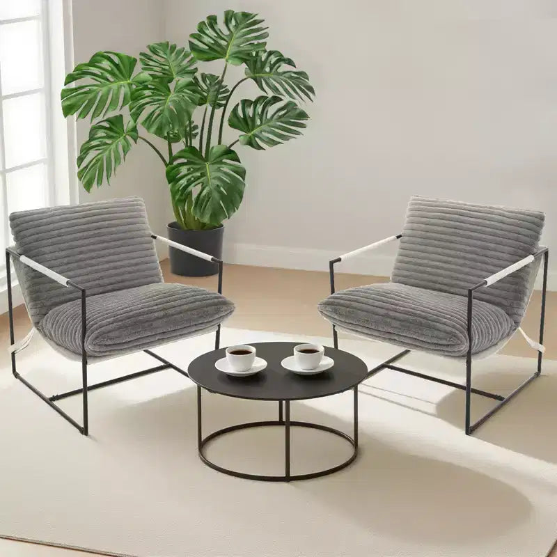 Fauteuil moderne rembourré Acekool, fauteuil de salon à cadre métallique avec coussin amovible, lin gris clair pour le salon